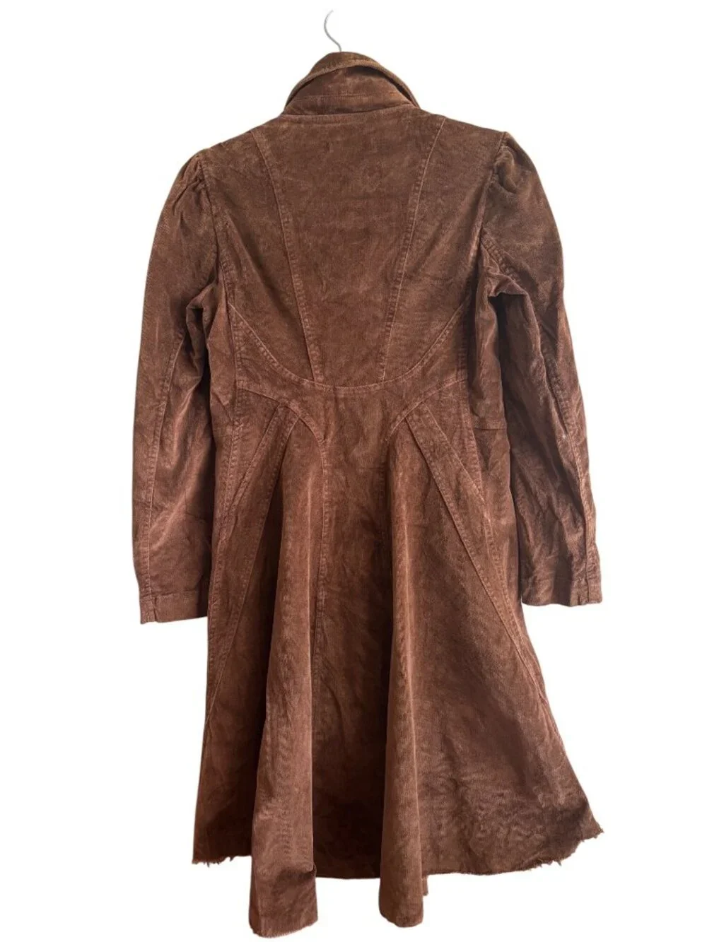 Vintage Y2K Bisou Bisou Fine Wale Corduroy Raw Hem Long Trench Jacket Brown - Picture 2 of 12